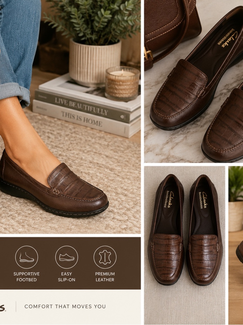 Clarks Bendable Brown Leather Loafers Sz 8W Croc Embossed Casual Comfort Flats
